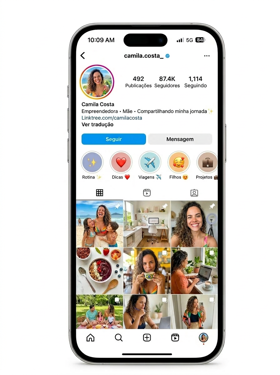 Mockup de perfil do Instagram com 87.4K seguidores